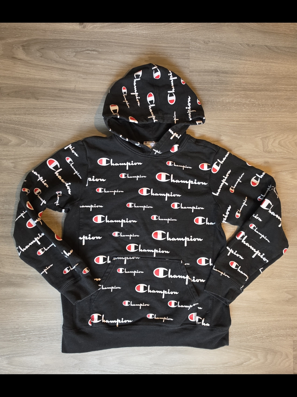 Champion Black Hoodie with White & Red Allover Logo